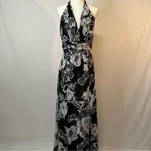 White House Black Market Halter Maxi Dress Pleated Floral Black White Size 2